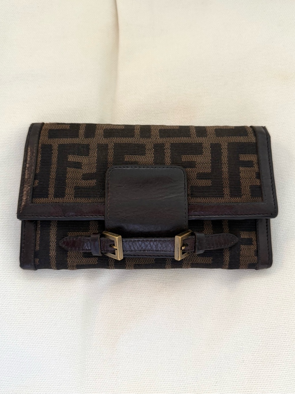 Fendi Dark Brown FF Logo Canvas Zip Foldover Wallet with Leather Trim